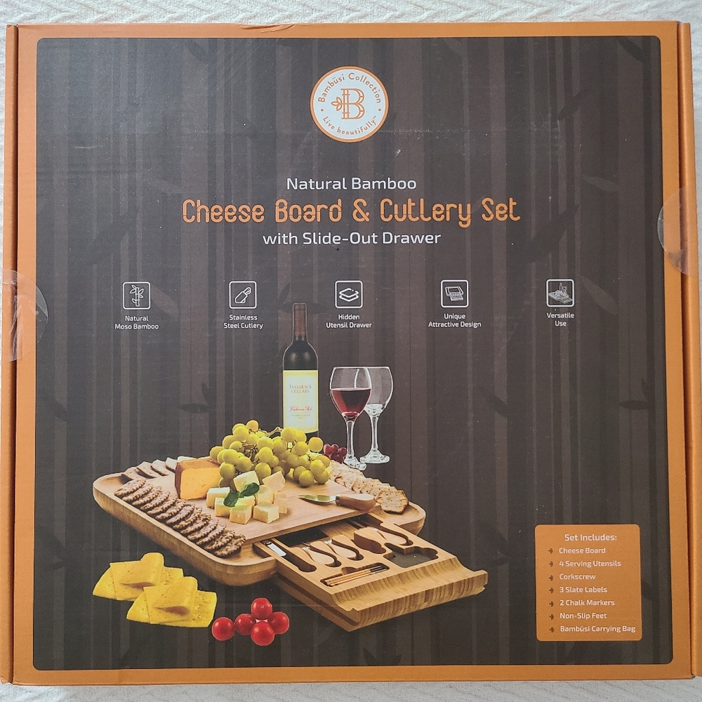 Bamboo Cheese Board & Cutlery Set with Slide-Out Drawer